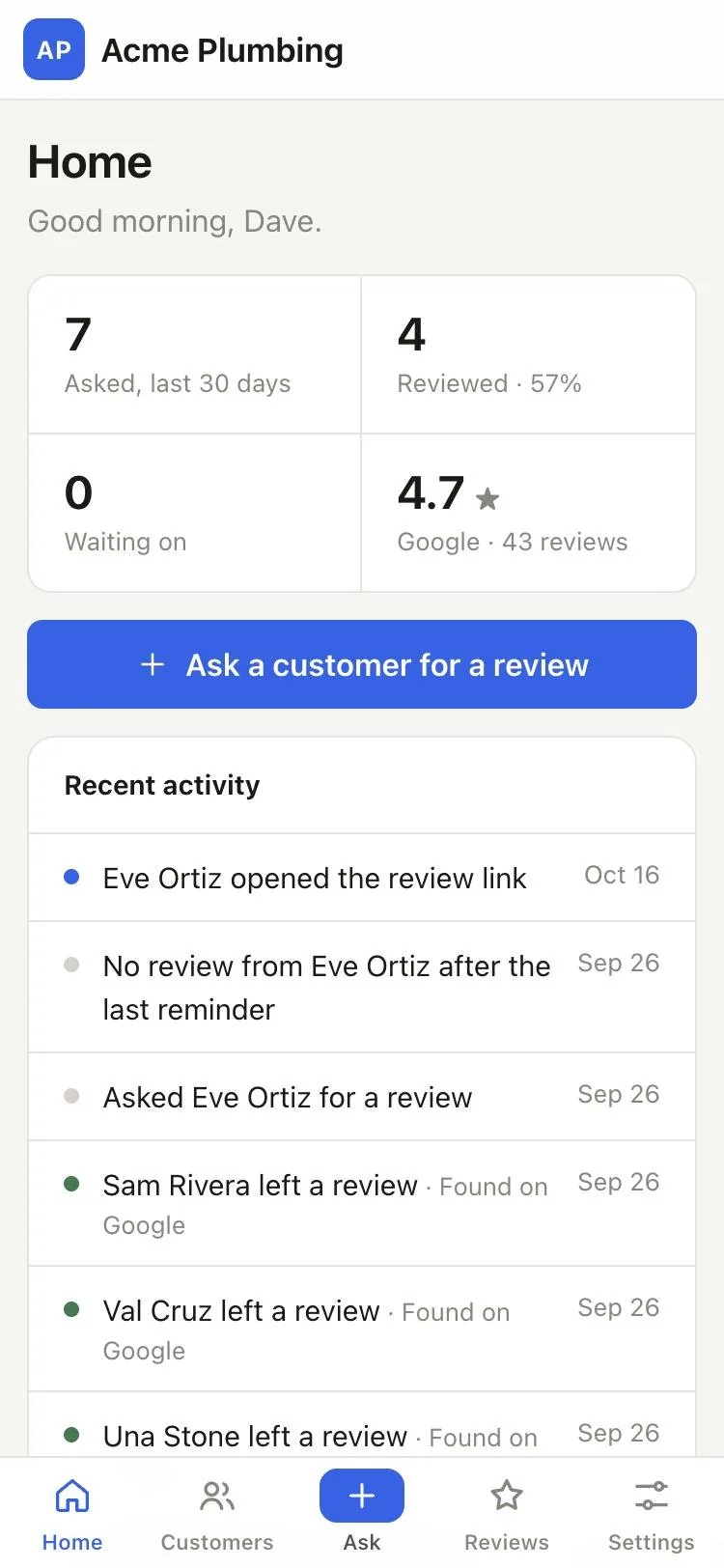 FiveStar on a phone, showing review requests and recent activity